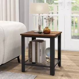 2-Tier End Table Square Sofa Side Table with Mesh Shelf-Rustic Brown