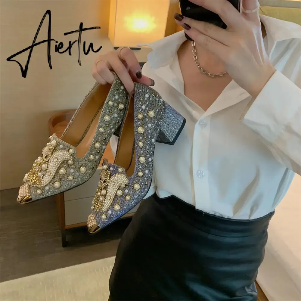 Aiertu Pumps Women Shoes High Heels Loafers Slip on Luxury Mules Elegant Designer Shoes Slip on Pointed Toe Fashion Ladies Oxford Style