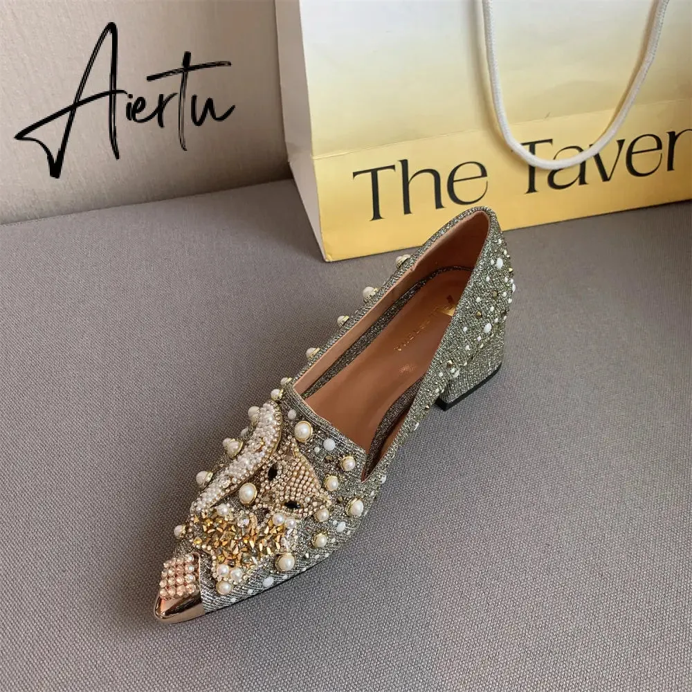 Aiertu Pumps Women Shoes High Heels Loafers Slip on Luxury Mules Elegant Designer Shoes Slip on Pointed Toe Fashion Ladies Oxford Style