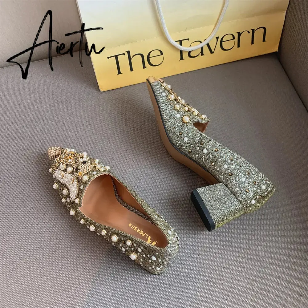 Aiertu Pumps Women Shoes High Heels Loafers Slip on Luxury Mules Elegant Designer Shoes Slip on Pointed Toe Fashion Ladies Oxford Style