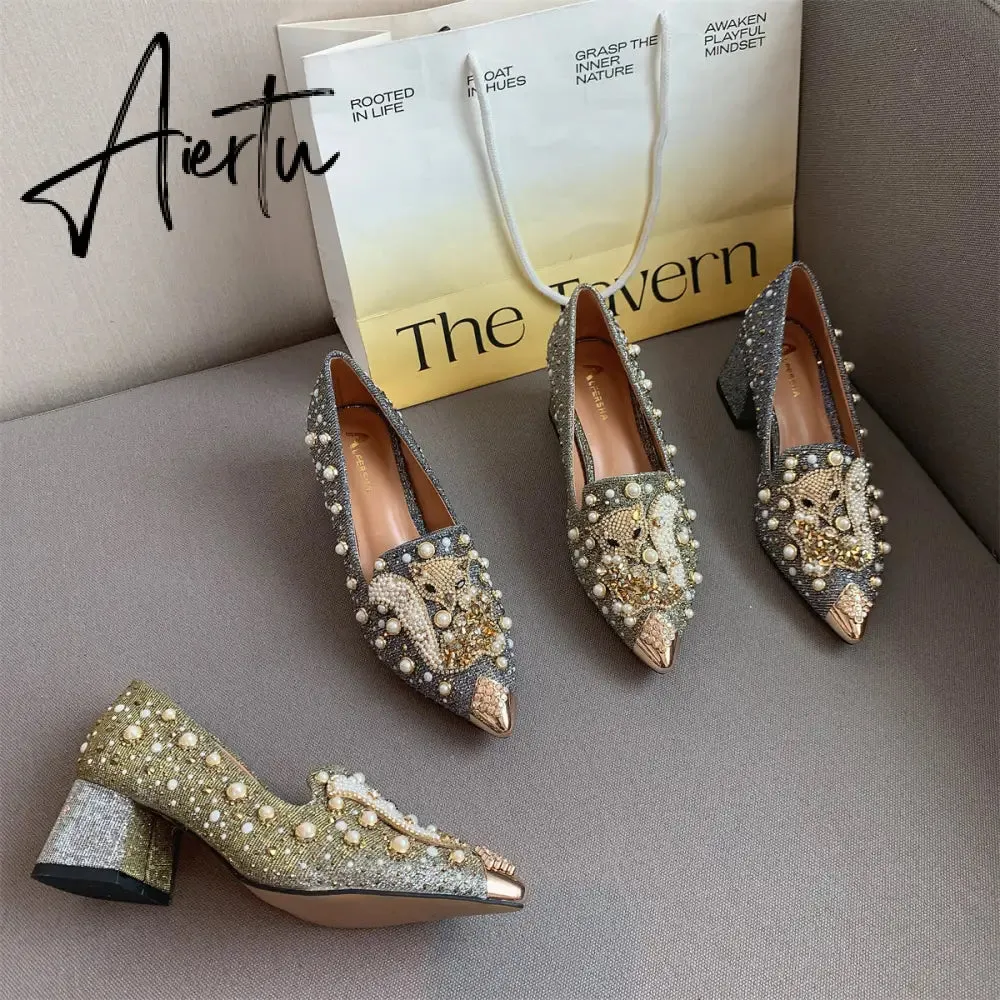 Aiertu Pumps Women Shoes High Heels Loafers Slip on Luxury Mules Elegant Designer Shoes Slip on Pointed Toe Fashion Ladies Oxford Style