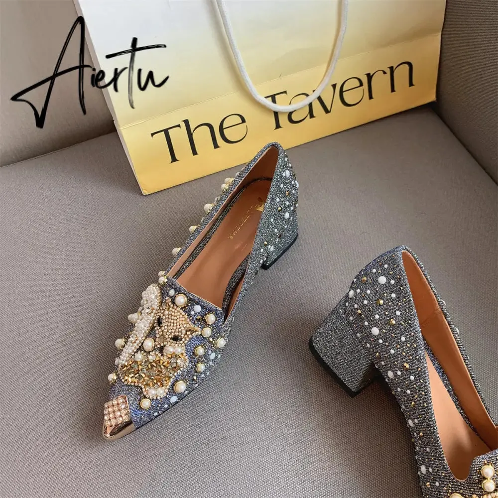 Aiertu Pumps Women Shoes High Heels Loafers Slip on Luxury Mules Elegant Designer Shoes Slip on Pointed Toe Fashion Ladies Oxford Style