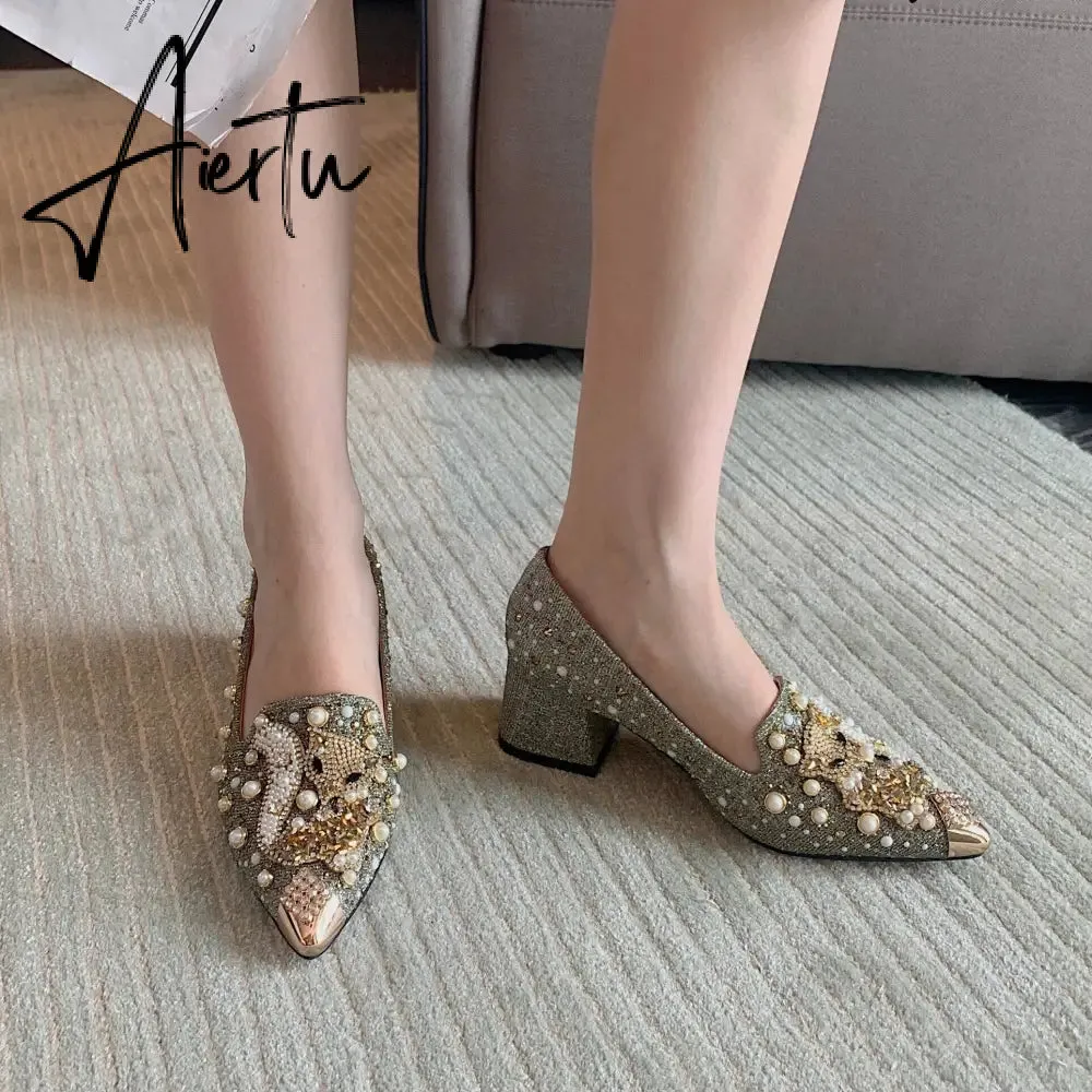 Aiertu Pumps Women Shoes High Heels Loafers Slip on Luxury Mules Elegant Designer Shoes Slip on Pointed Toe Fashion Ladies Oxford Style