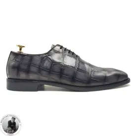 Bespoke Pure Handmade Grey Alligator Leather Black Shaded textured Lace Up Oxford Shoes For Men, Elegant Shoes For Men