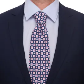 Blue Pink and White Classic Motif Silk Cotton Tie