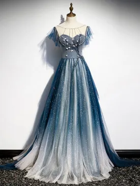 Blue Round Neck Tulle Beads Long Prom Dress, Blue Evening Dress