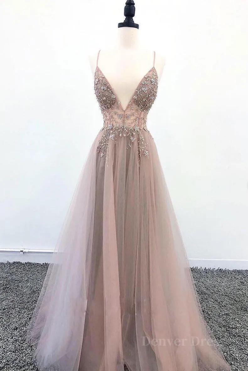 Champagne v neck tulle long prom dress champagne evening dress