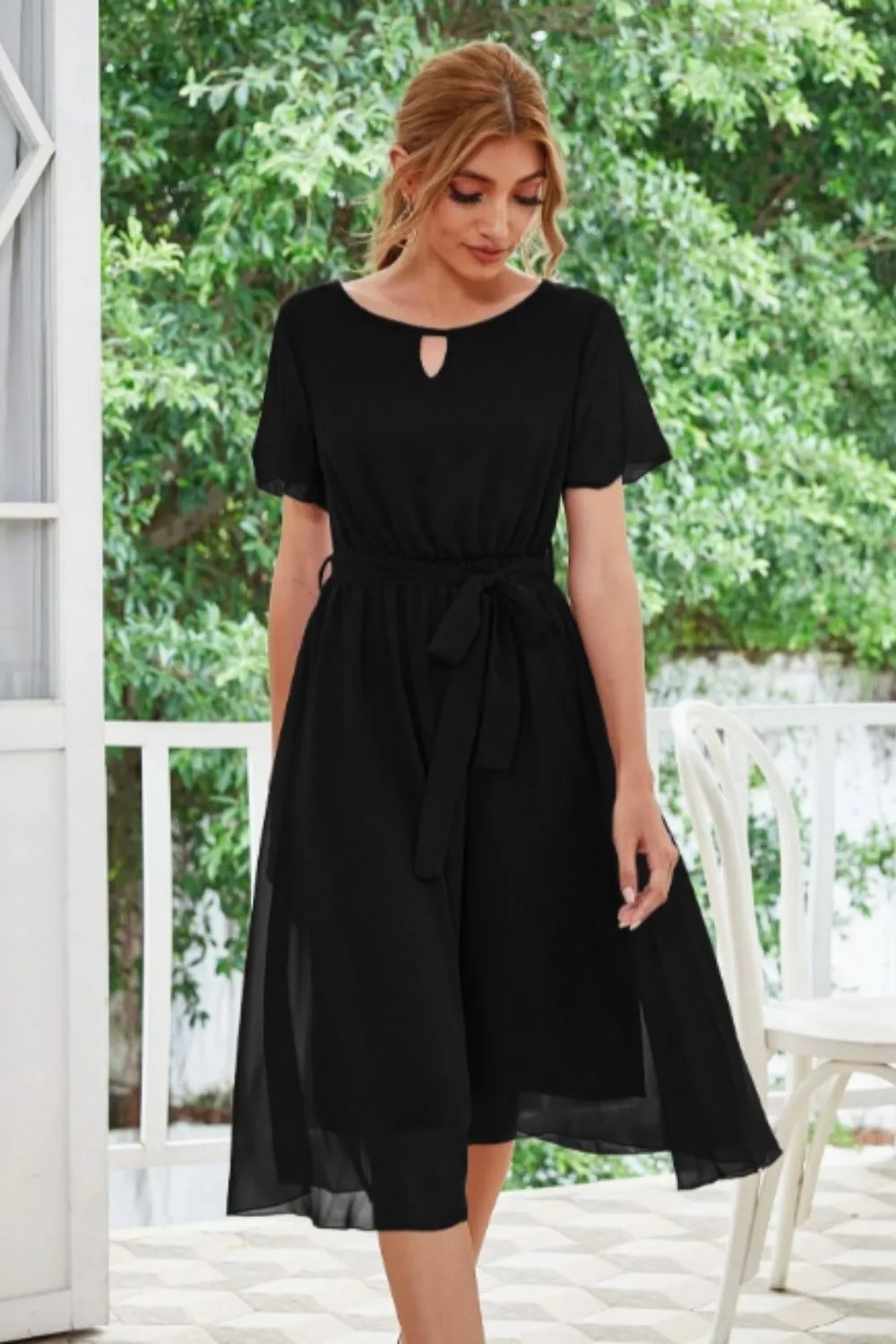 Key Hole Waist Tie Flare Midi Dress