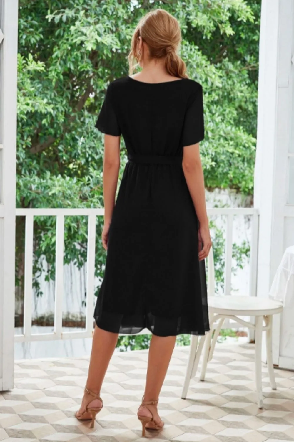 Key Hole Waist Tie Flare Midi Dress