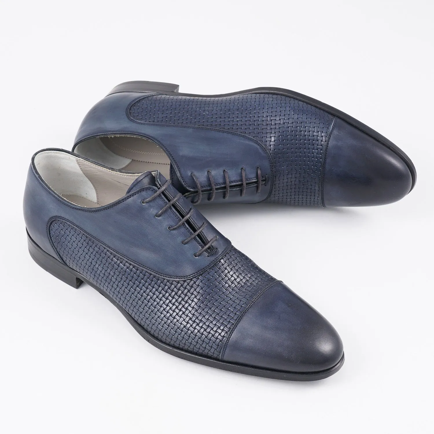 Kiton Navy Blue Woven Leather Oxford