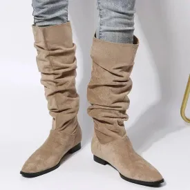 Low Heel Boot Women Faux Suede Pointed Toe Boots Pleated