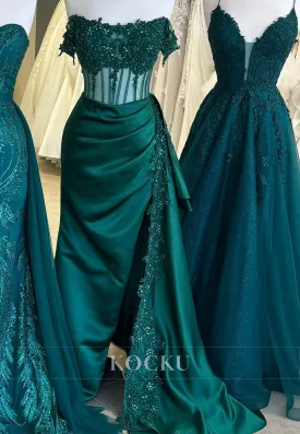 Off-Shoulder Tube Top Sheath Prom Dress High Split Sweep train Pleated Satin  Evening Dress with Beads