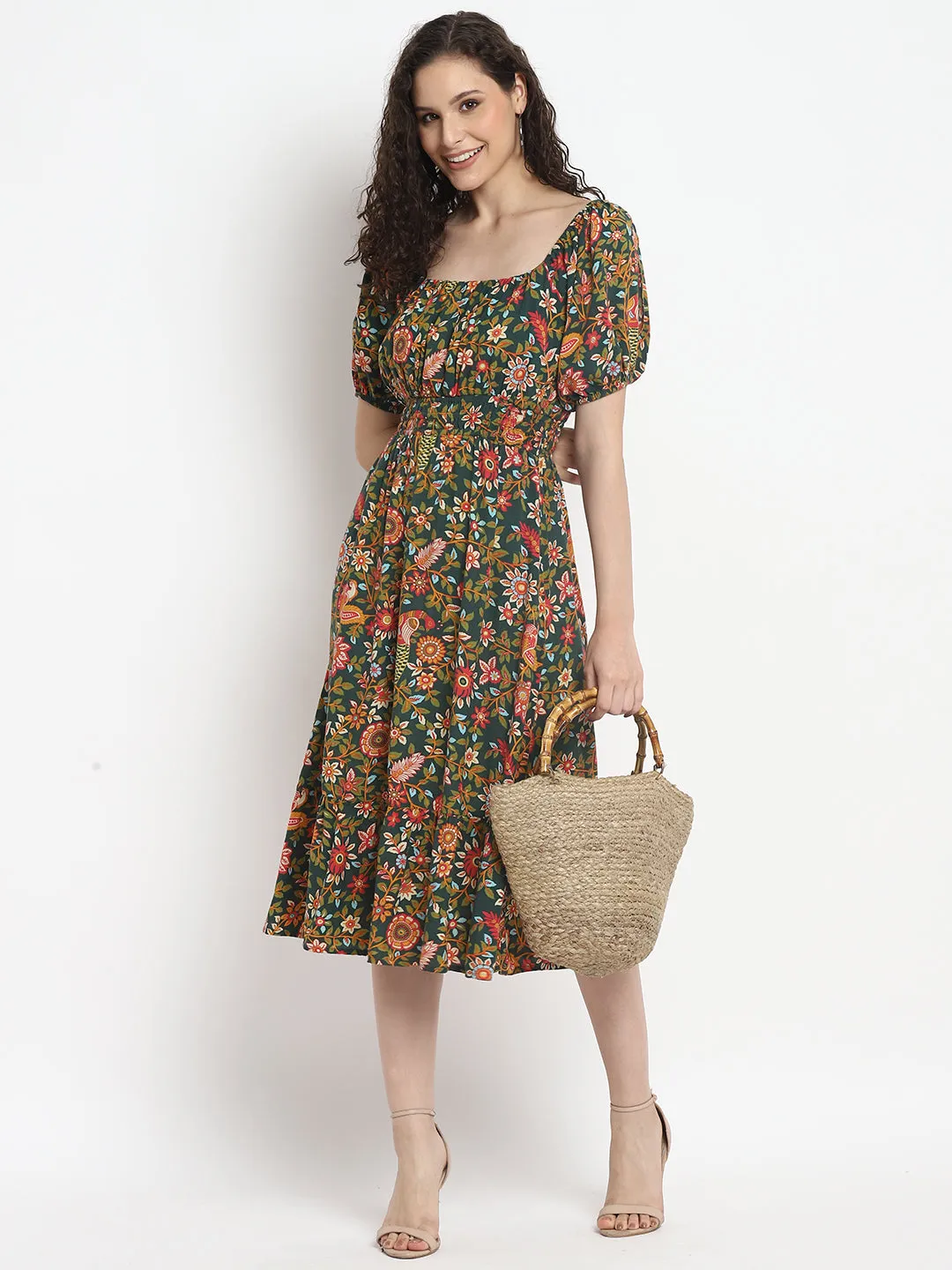 Porsorte Womens Tropical Green Printed Puff Sleeve Midi Dress