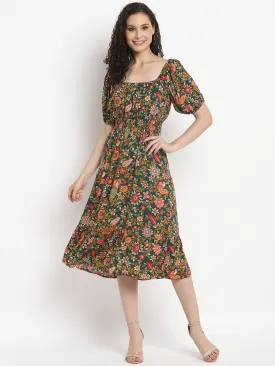 Porsorte Womens Tropical Green Printed Puff Sleeve Midi Dress