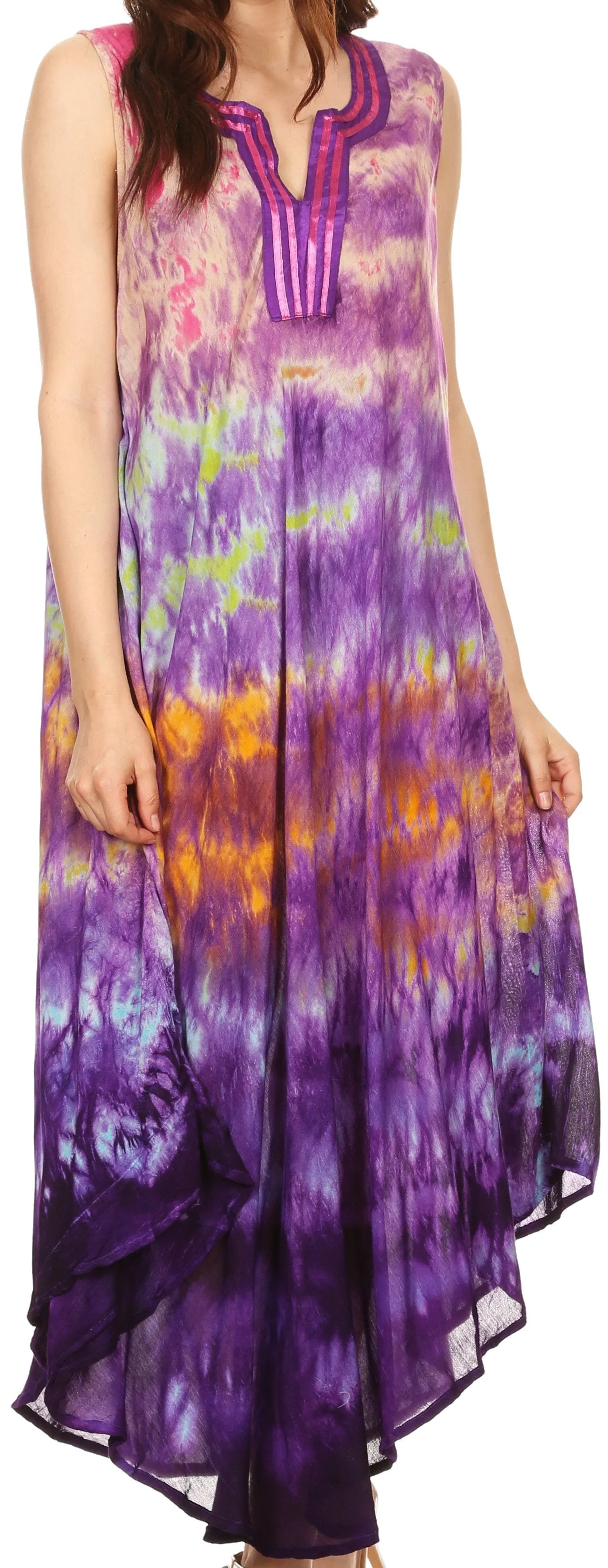 Sakkas Kalia Sleeveless Tide Dye Split Neck Dress / Cover Up