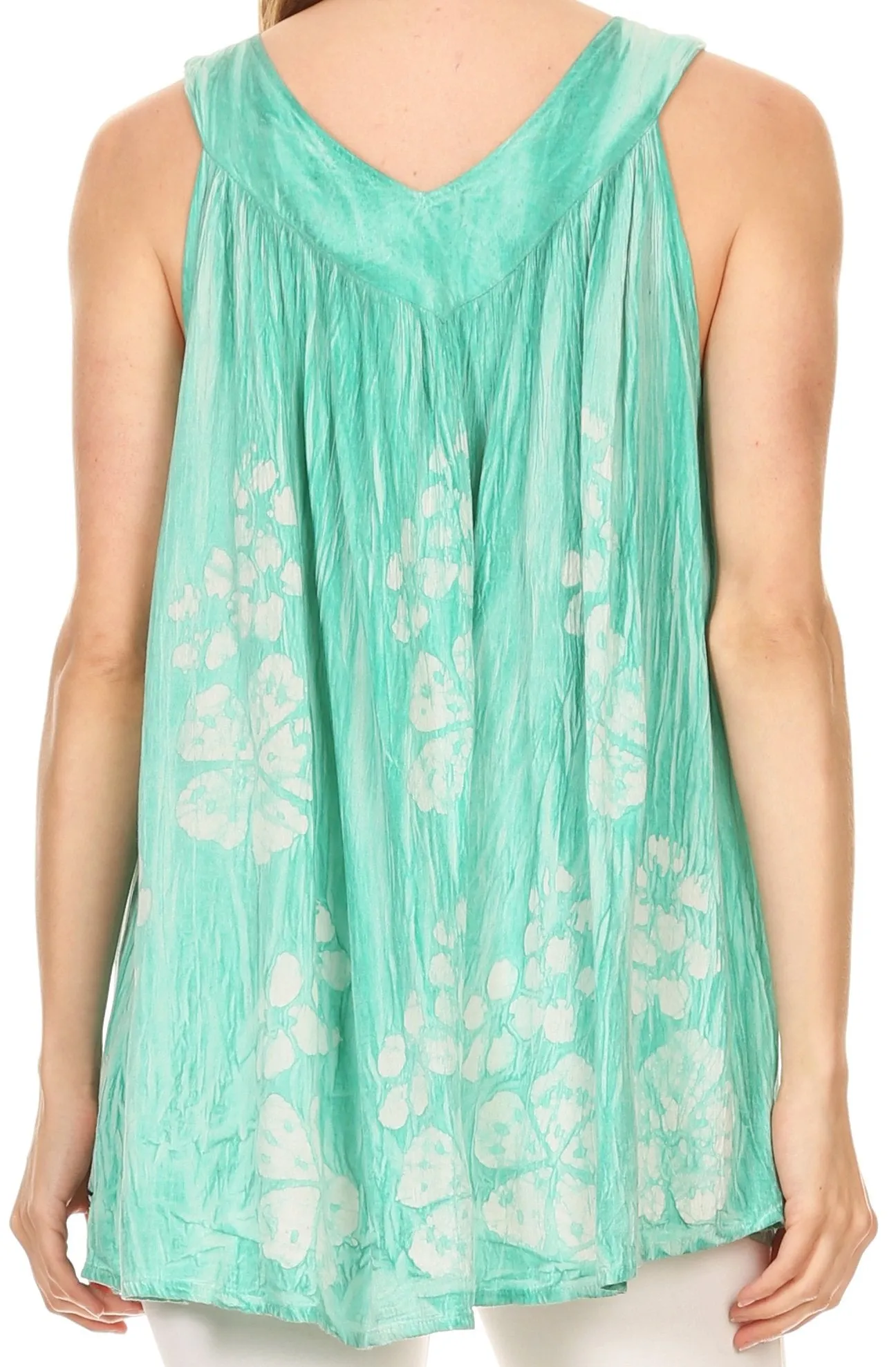 Sakkas Leila Stonewashed Batik V-Neck Tank with Sequins and Embroidery