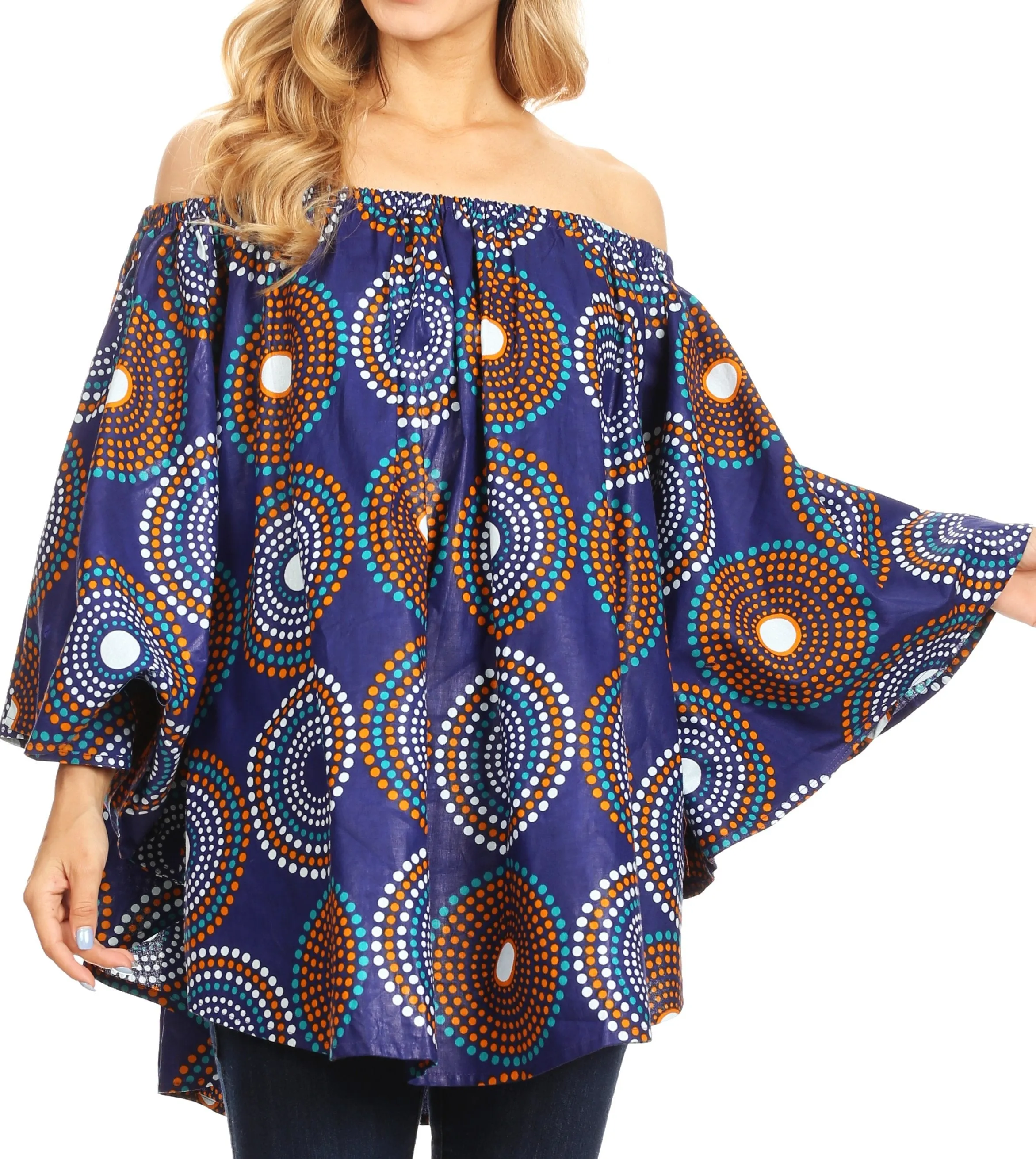 Sakkas Zane Off-shoulder Circle Poncho Top Blouse Relax Fit Elastic Neckline