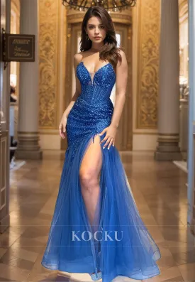 V-Neck Mermaid Sleeveless Stripe Floor-Length Sequin Glitter Lace Evening Gowns with Slit Prom Dress