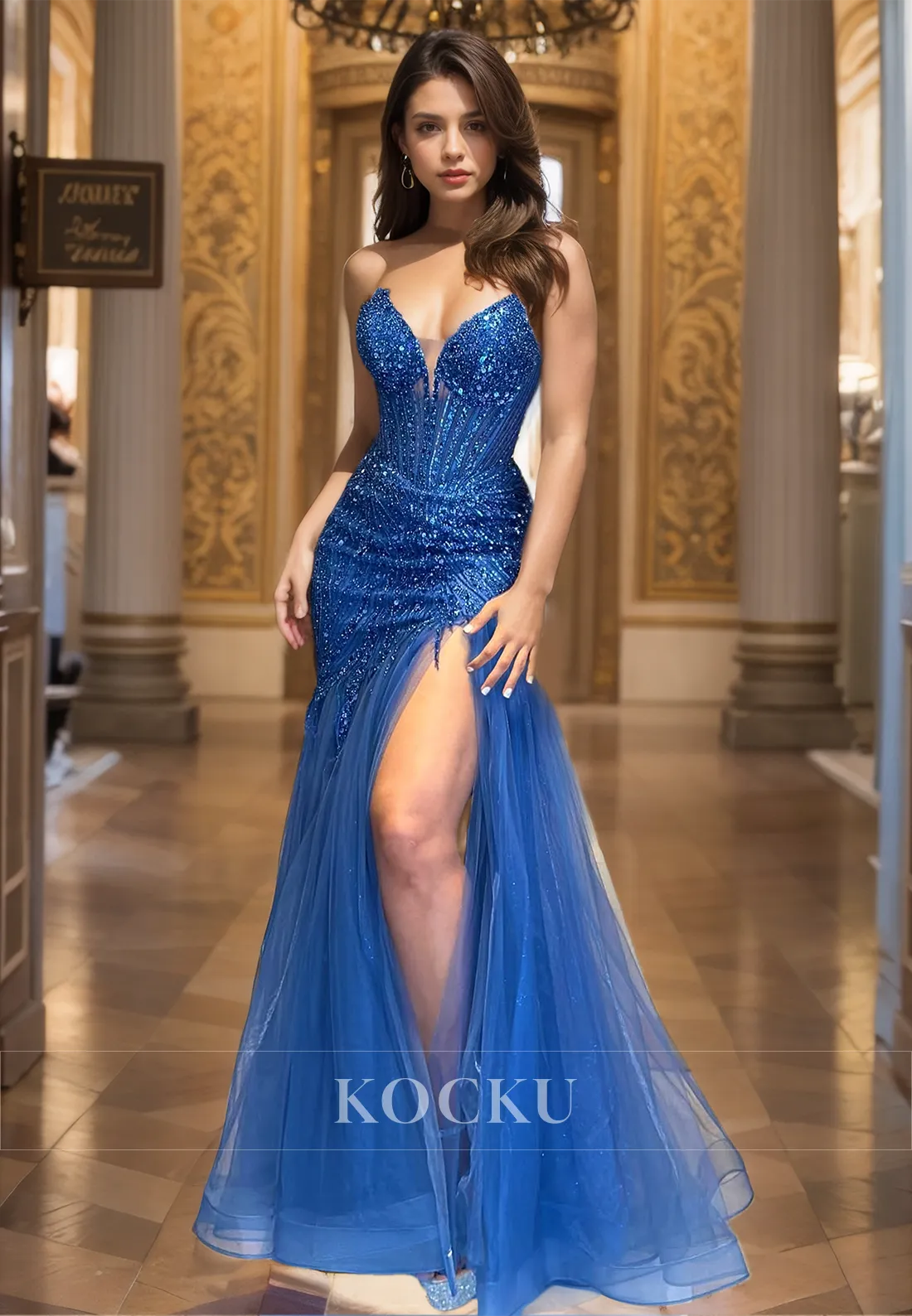 V-Neck Mermaid Sleeveless Stripe Floor-Length Sequin Glitter Lace Evening Gowns with Slit Prom Dress